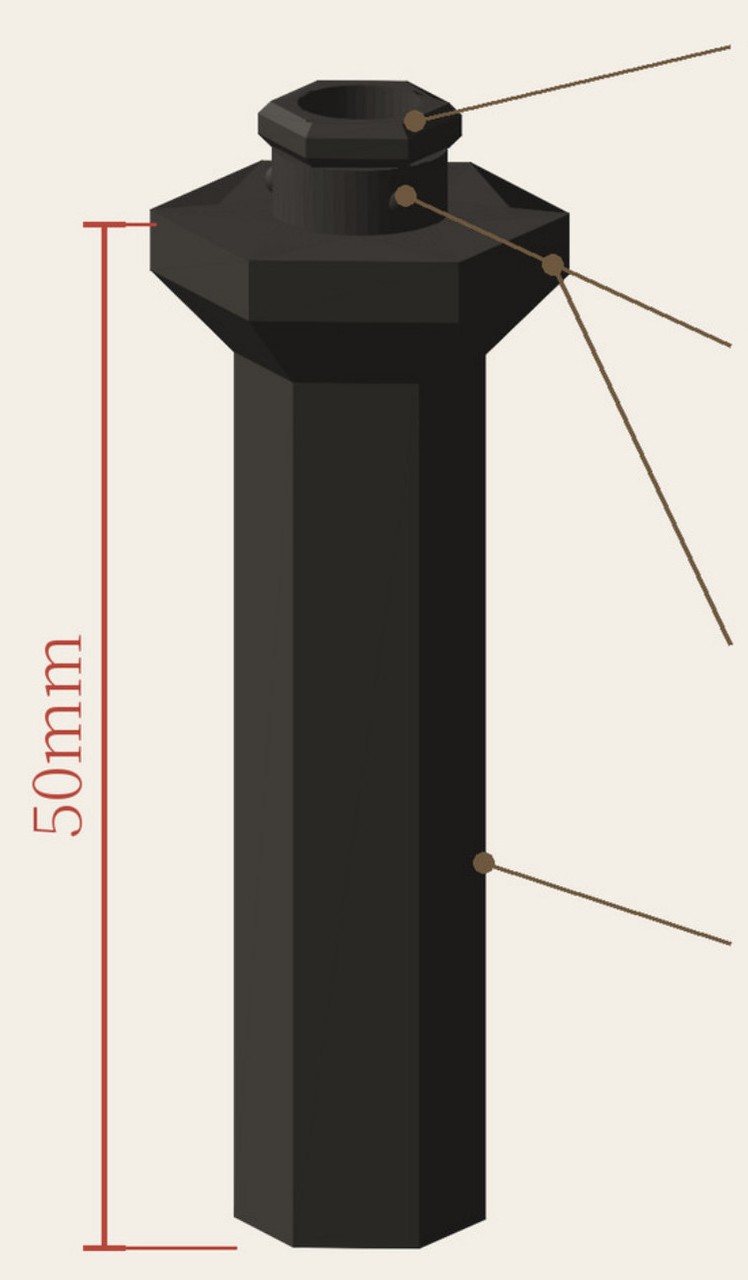 Schema del piedino Twist Lock Leg — testa, dentino a scatto, piastrina d'appoggio e gambo, con linea di quota da 50 mm